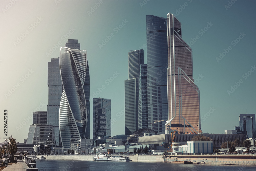 Closeup panorama of international business Russian Center in Moscow city