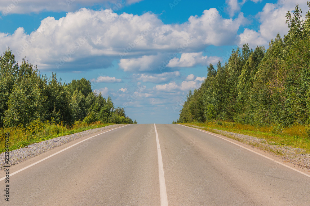 Road through green deep forest in Russia