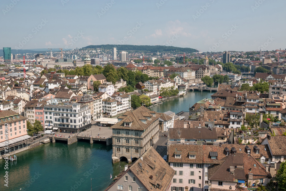 Aerial view of historic Zurich city center with river Limma