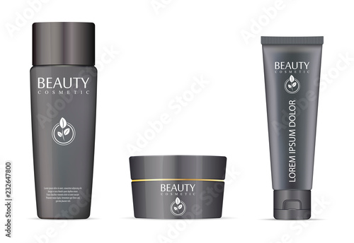 Cosmetic bottles mockup set. Cream jar with closed lid, bottle for shampoo or shower gel and tube for scrub, cream or ointment. Vector illustration.