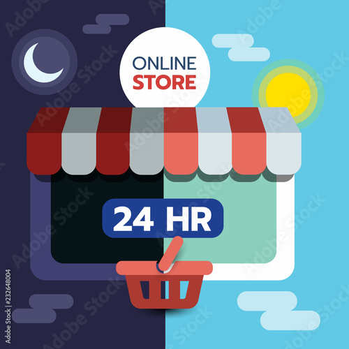 online shopping concept on tablet screen, open 24 hour, e commerce. flat vector illustration
