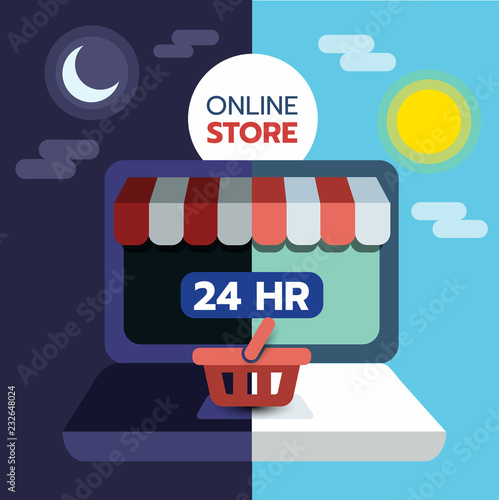 online shopping concept on laptop screen, open 24 hour, e commerce. flat vector illustration