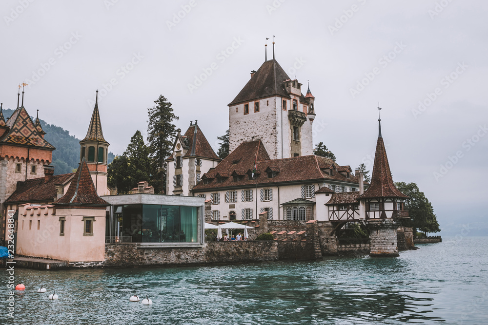 View on Oberhofen Castle - living museum and park from ship, Switzerland, Europe