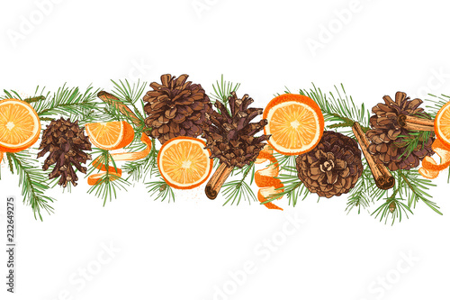 Realistic Botanical ink sketch of colorful fir tree garland with pinecone isolated on white Horizontal seamless pattern For design flayer, menu, holiday card, web banner