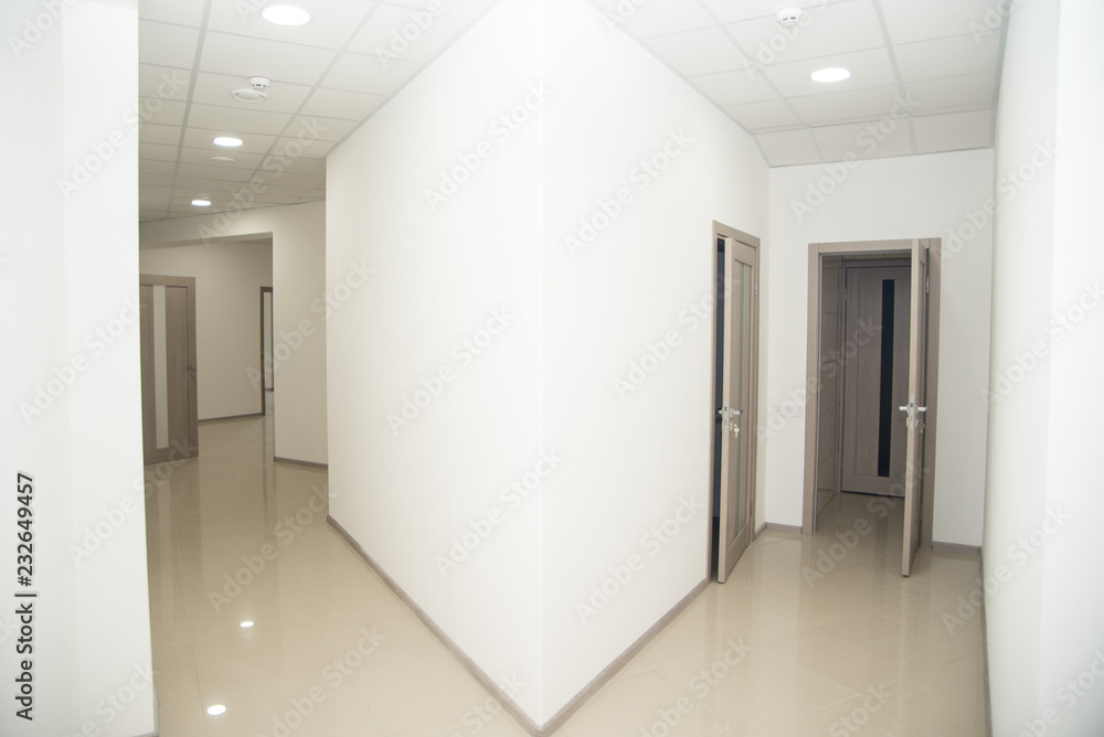 Fototapeta premium Empty office corridor with many doors of light wood