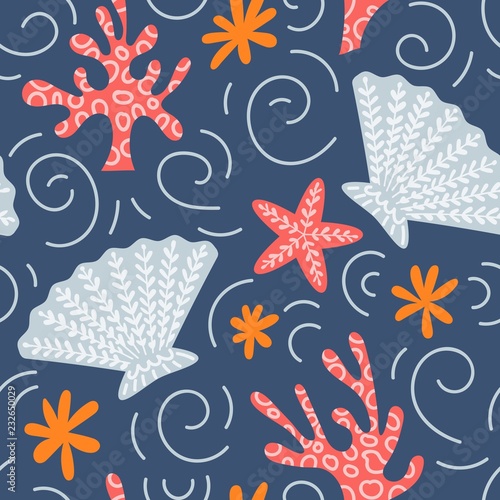 Marine seamless pattern with shell, starfish and corals. Vector
