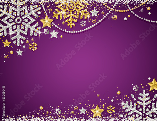Purple christmas background with frame of golden and silver glittering snowflakes, stars and garlands, vector illustration