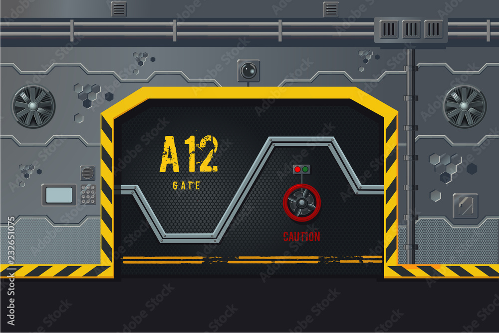 Futuristic spaceship wall with door. Game design level concept. Sci-fi background.