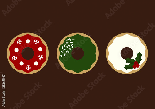 Christmas colors donuts on brown background card