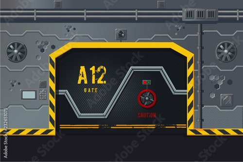 Futuristic spaceship wall with door. Game design level concept. Sci-fi background.