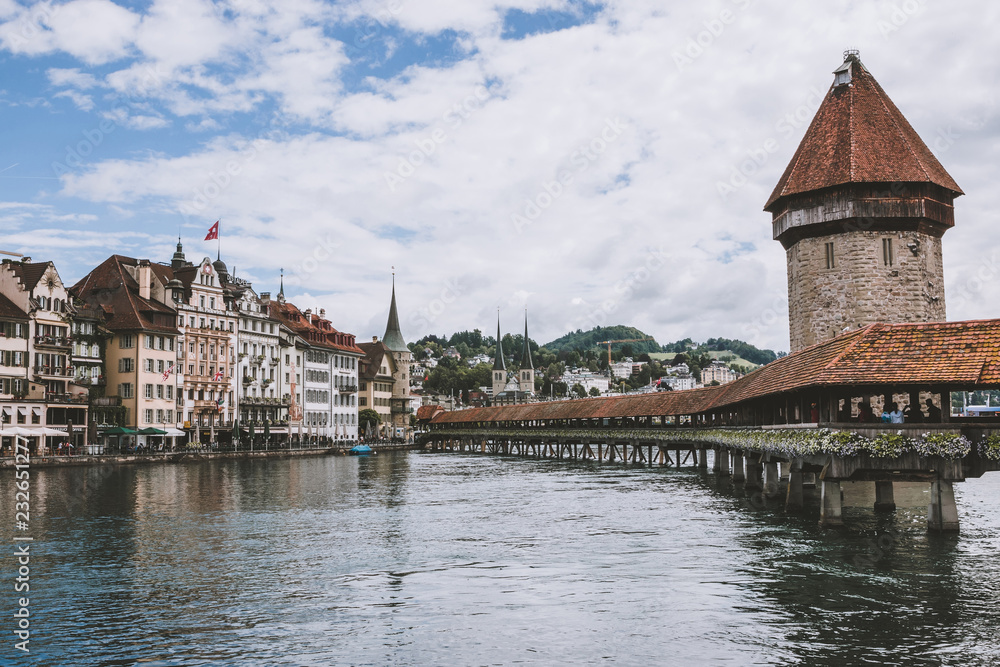 Panoramic view of city center of Lucerne with famous Chapel Bridge