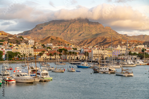 View on the harbor of Mindelo at dusk