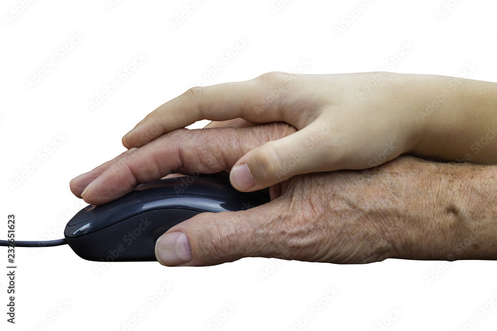 Children help old people to master the computer. Isolated Children help old people to master the computer. Isolated