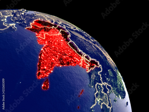 SAARC memeber states at night from orbit. Plastic planet surface with visible city lights. photo