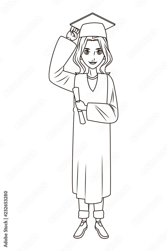graduate young woman cartoon in black and white