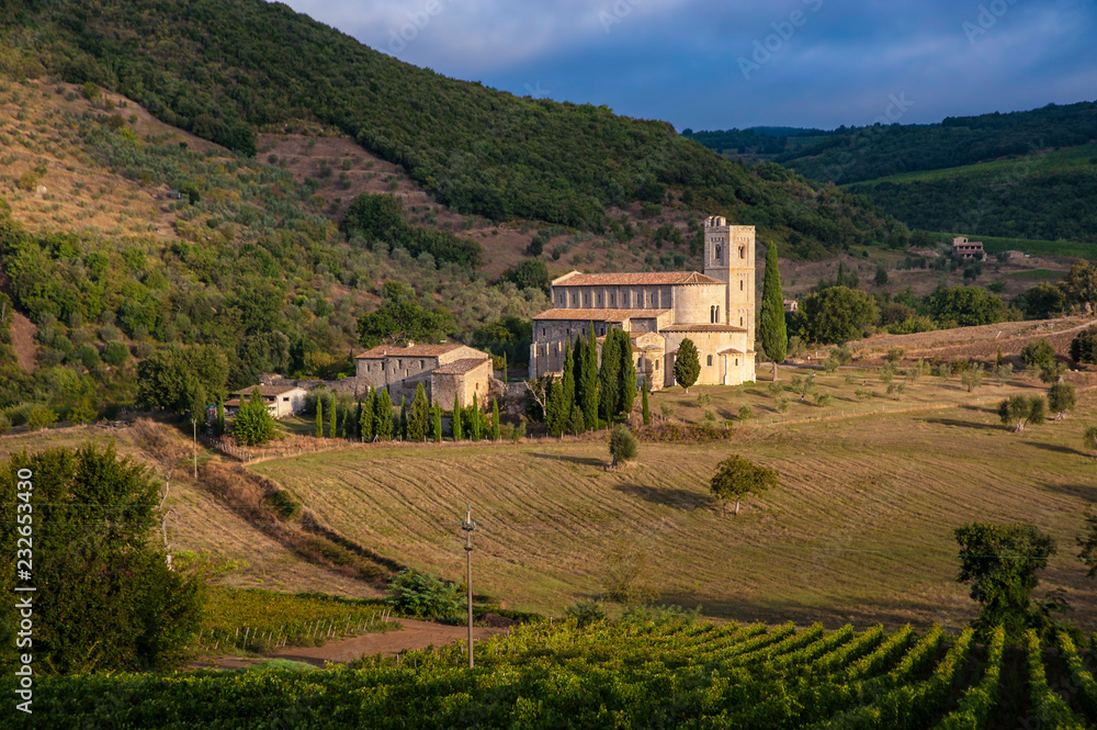 MONTALCINO, ITALY, The Romanesque church of the Sant Antimo Monastery in Tuscany in northern Italy