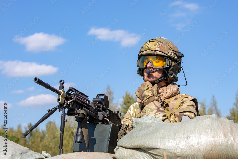 special forces, soldier assault rifle with silencer, optical sight ...