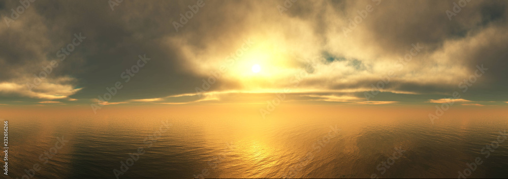 Panorama of sea sunset, the sun in the clouds over the water, the sunrise over the ocean,
