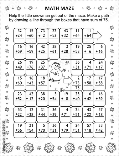 Math maze with addition facts: Help the little snowman get out of the maze. Make a path by drawing a line through the boxes that have sum of 75. Winter and holidays themed.