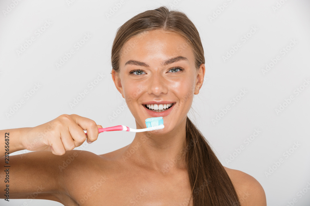 Portrait of a happy young topless woman isolated Portrait of a happy young topless woman isolated