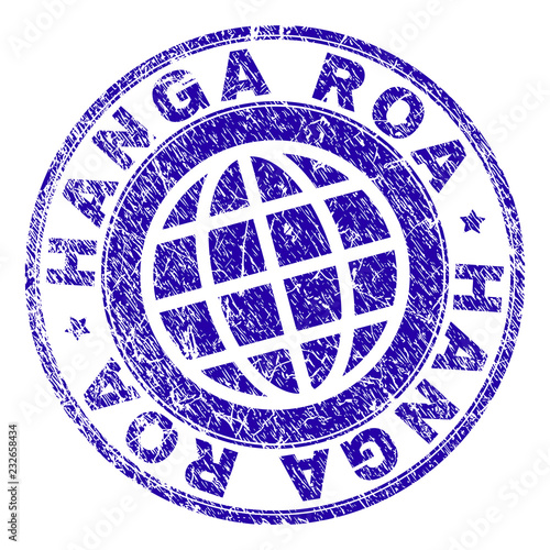 HANGA ROA stamp print with grunge texture. Blue vector rubber seal print of HANGA ROA label with dirty texture. Seal has words placed by circle and globe symbol.