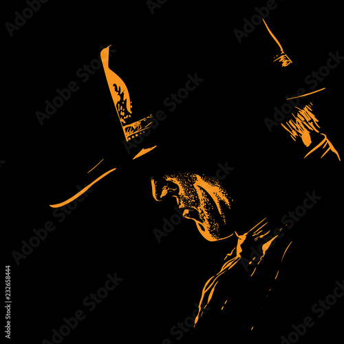 Man with cowboy hat silhouette in backlight. Illustration.