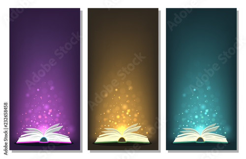 Magic books with different color magic lights on banners.