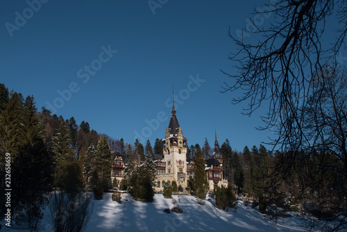 Dramatic photo of Peles Castle in winter season. Romania, Sinaia