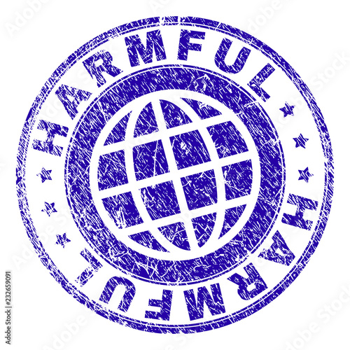 HARMFUL stamp imprint with distress texture. Blue vector rubber seal imprint of HARMFUL text with grunge texture. Seal has words placed by circle and planet symbol.