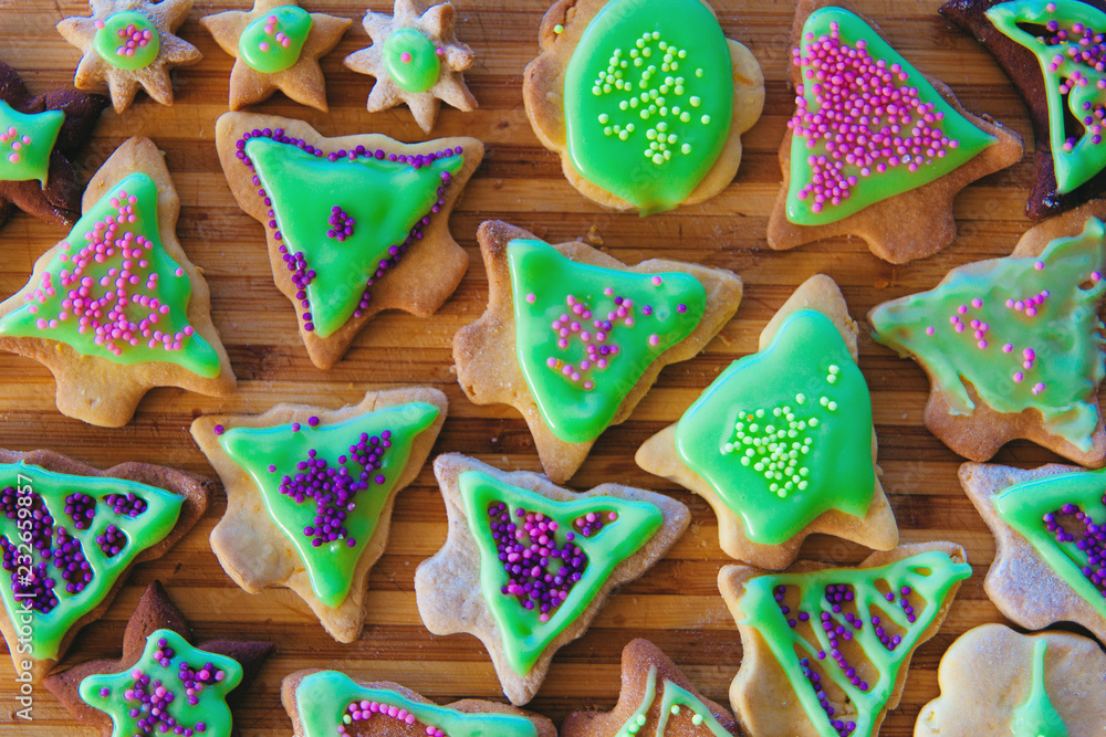 Traditional gingerbread with colorful glaze for Christmas. Hand made by children.