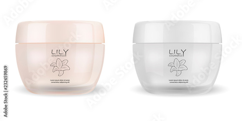 Cream or powder glass cosmetic jars set in white and rose colors. Cosmetics mockup template. Realistic vector illustration with logo design.