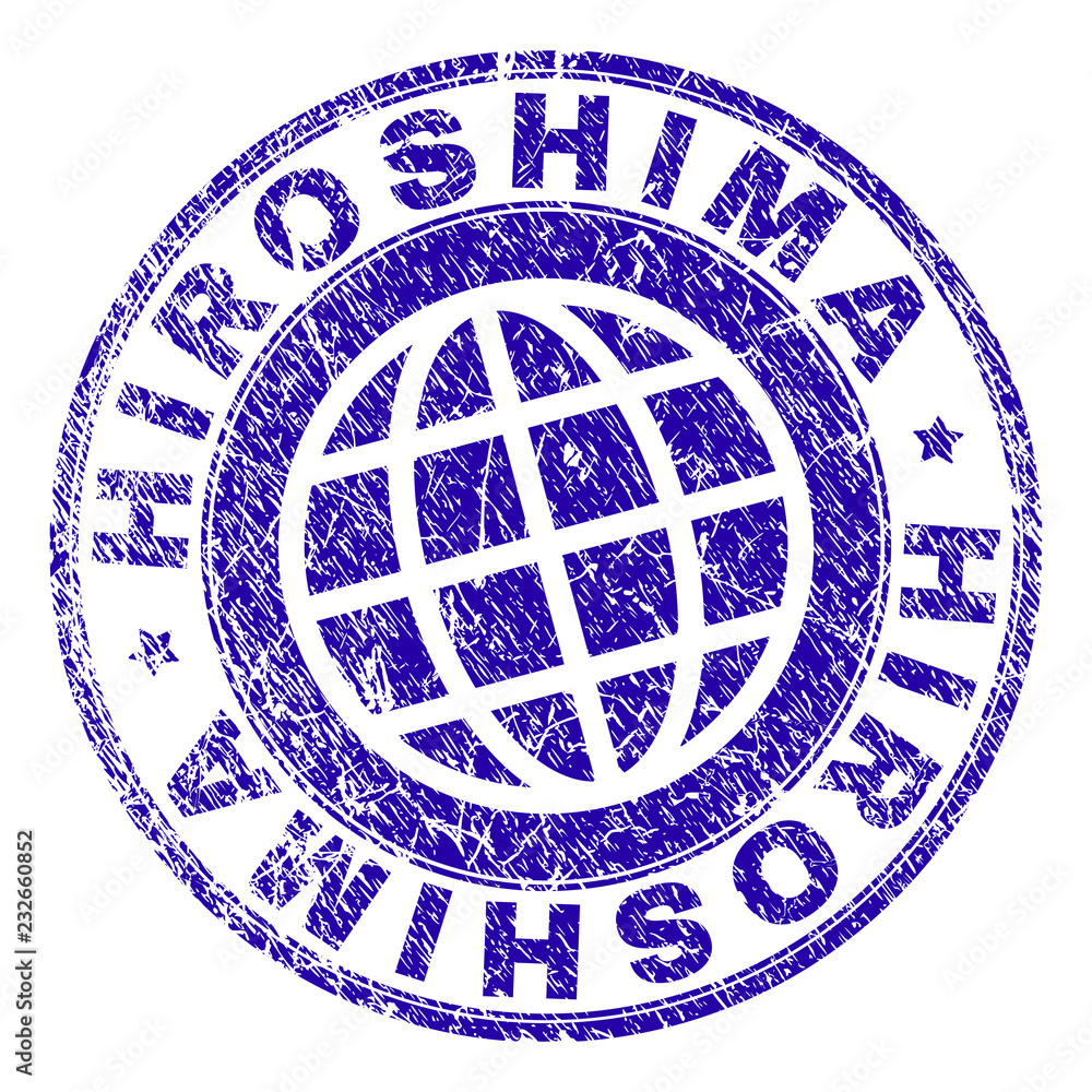 HIROSHIMA stamp imprint with grunge texture. Blue vector rubber seal imprint of HIROSHIMA title with scratched texture. Seal has words placed by circle and planet symbol.