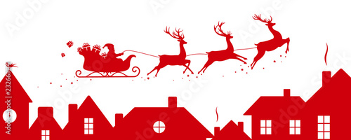 Santa's sleigh flying over roofs