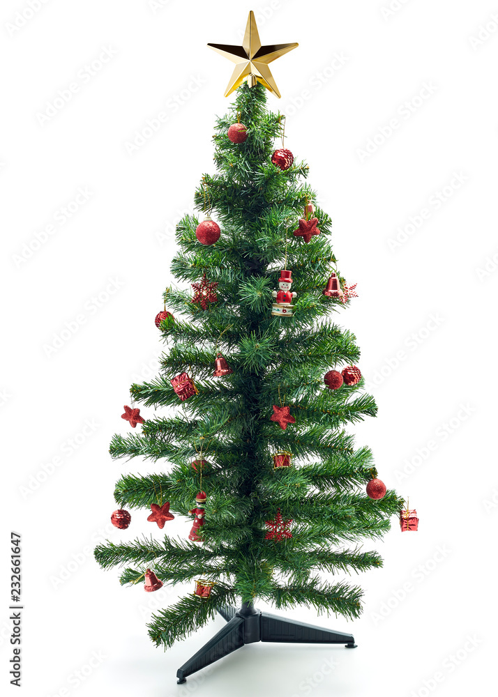 Christmas fir tree with colorful lights and decorations.