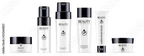 Big cosmetic products set: shampoo and conditioner bottles, cream jar and tube mockup with glossy black lids. Realistic vector illustration.