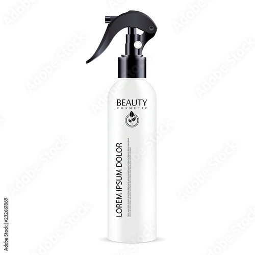 White sprayer cosmetics bottle with black dispenser cap. Isolated container design with pump for liquid, water, oil, tonic and other cosmetic products. Vector mockup illustration.