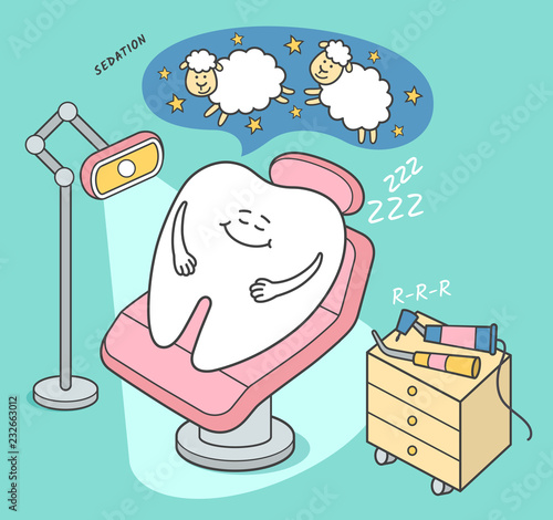 Stomatology sedation illustration. Cartoon tooth falls asleep in a dental chair. General Anesthesia. Dental care or treatment.