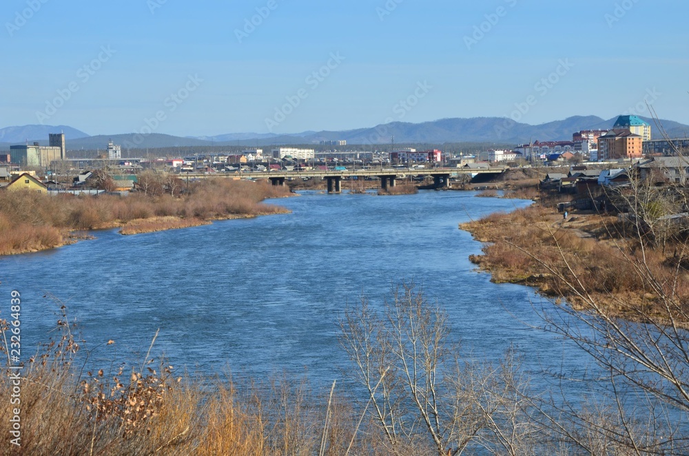 A river turn with bridge on background A river turn with bridge on background