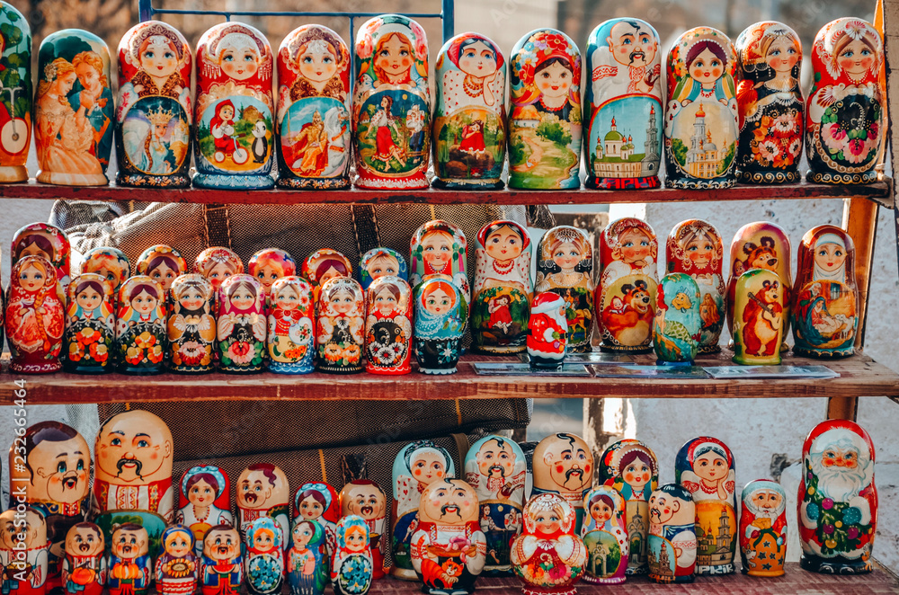 Russian folk art. Symbol of Russian nesting dolls. Nesting dolls sold on the streets