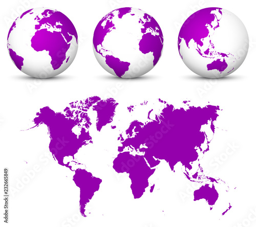Violet 3D Vector Earth - Globe Collection with Undistorted 2D World Map in Purple Color.