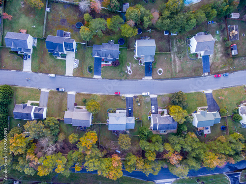 Aerial View of a Cookie Cutter Neighborhood in the Fall