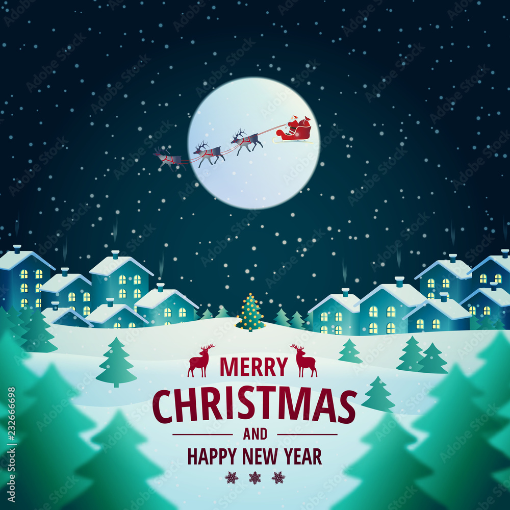 Vector illustration on the theme of Christmas and New Year. Night winter landscape. Santa Claus presents gifts. Merry Christmas card. Vector illustration on the theme of Christmas and New Year. Night winter landscape. Santa Claus presents gifts. Merry Christmas card.