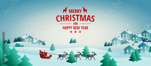 Vector illustration on the theme of Christmas and New Year. Christmas banner. Daytime winter landscape. Santa Claus presents gifts. Merry Christmas card.
