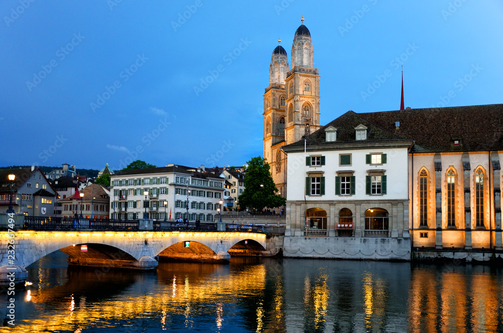 Grossmunster cathedral in river Limmat, Zurich, Switzerland