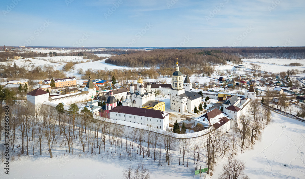Aerial view of Nativity of the Virgin St. Paphnutius of Borovsk Monastery in winter, Kaluga oblast, Russia