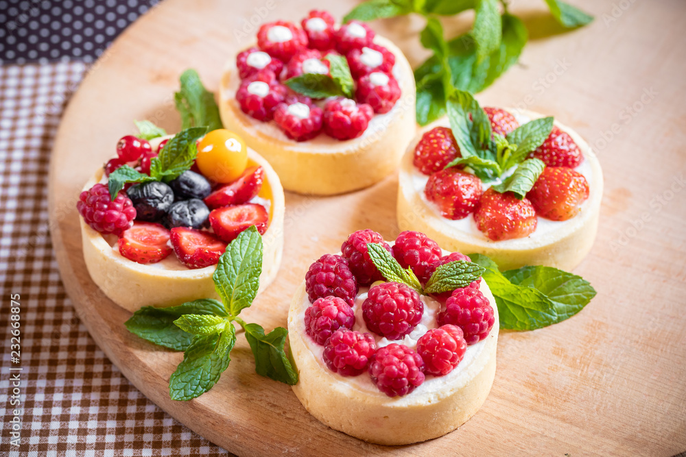 raspberry cake with cream cheese, mint on crumbly dough. Cake with raspberries raspberry cake with cream cheese, mint on crumbly dough. Cake with raspberries