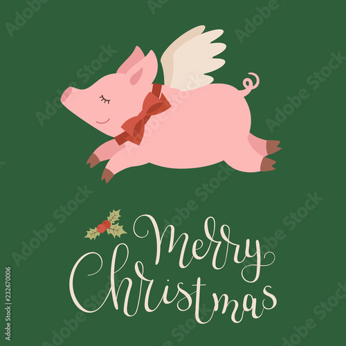 Funny flying pig with wings and red bow