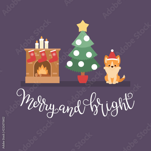Christmas night scene: Christmas tree, fire place with stockings and welsh corgi puppy
