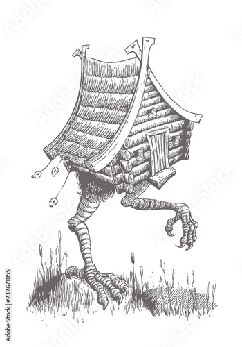 Hut on Chicken Legs Goes through the Swamp. The Character of the Slavic Tales. Vector Illustration in Classic Hand Drawn Ink Technique.