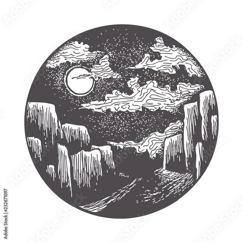 Moon Illuminating the Road to the Gorge. Night Landscape in Classic Ink Technique in Vector Format.